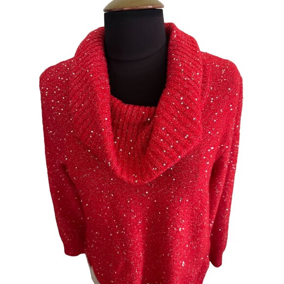Ruby Rd. Red Sequin Cowl Neck Long Sleeve Sweater Size Small - Picture 2 of 9